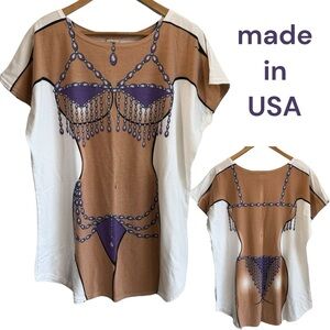 Vintage 90s Body Dreams Illusion Bikini T-Shirt O/S Purple Bejeweled Graphic EUC